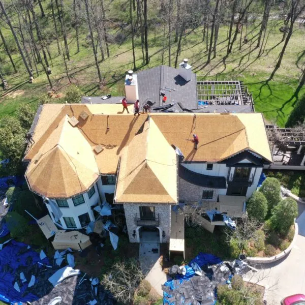 Aerial view of a residential roof replacement project completed by Bluegrass Brothers Roofing in Louisville, KY